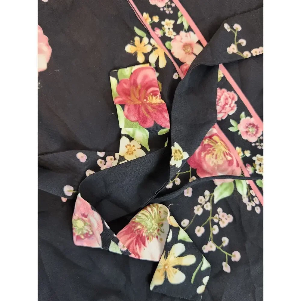Oscar De La Renta Pink label black pink rose robe sz‎ L/XL kimono floral satin